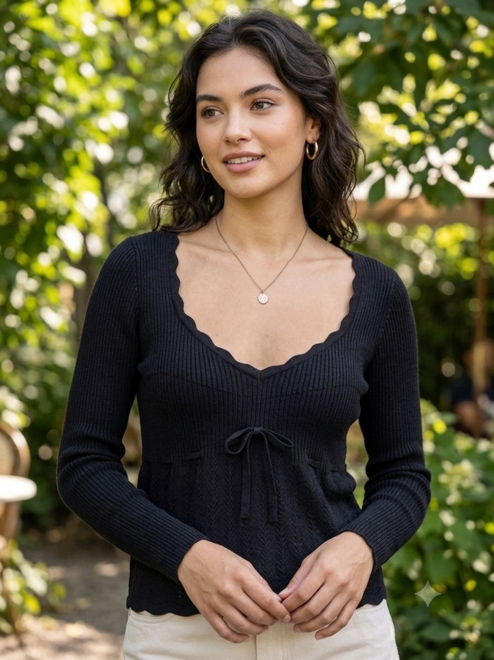 Wilfred Black Ribbed V-Neck Tie-Front Sweater